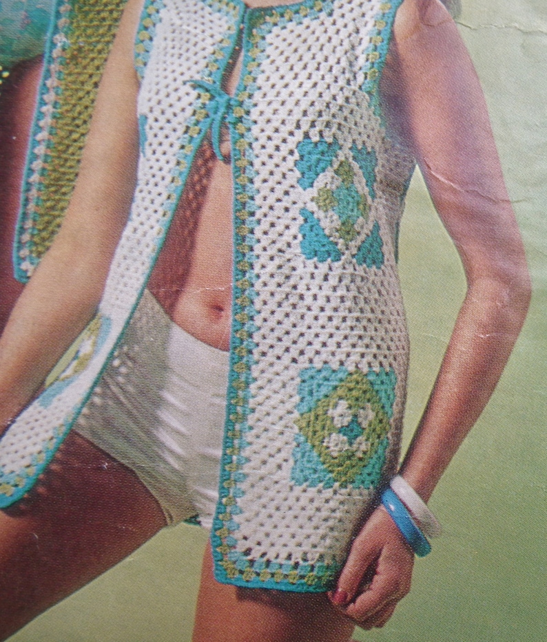 Vintage 1970s Crochet Pattern Women's Beach Coats Gilets Long Waistcoats Granny Squares 70s original pattern Wendy No. 1170 UK image 3