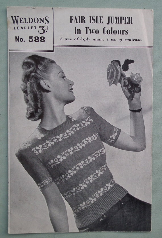 Vintage 1940s Knitting Pattern Women S Fair Isle Jumper Sweater Floral Design 40s Original Pattern Weldons No 588 Uk