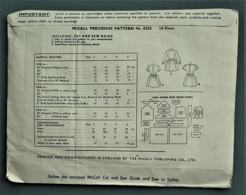 Op de afbeelding: Vintage McCall's Precision Pattern No. 8333, met een knip- en naaihandleiding. De envelop bevat materiaaleisen, lichaamsmaten en snij-indelingen voor maten 2, 3, 4 en 6. Gedrukt en vervaardigd in Engeland.
