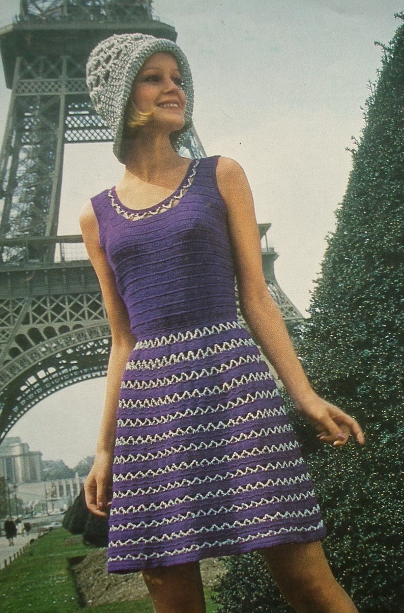 Vintage 1970s crochet pattern women's mod dress lacy Summer dress crochet hat 70s original pattern Emu 2976 UK image 3