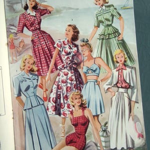 May include: A vintage-style fashion illustration featuring six outfits: a blue suit, a red plaid dress, a floral dress, a blue striped two-piece set, a green striped dress, and a white skirt with a pink blouse and jacket, all numbered 1 through 6.