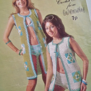 Vintage 1970s Crochet Pattern Women's Beach Coats Gilets Long Waistcoats Granny Squares 70s original pattern Wendy No. 1170 UK image 1
