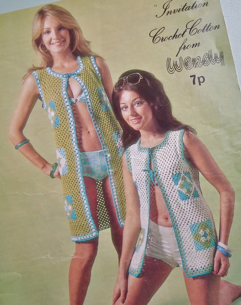 Vintage 1970s Crochet Pattern Women's Beach Coats Gilets Long Waistcoats Granny Squares 70s original pattern Wendy No. 1170 UK image 1