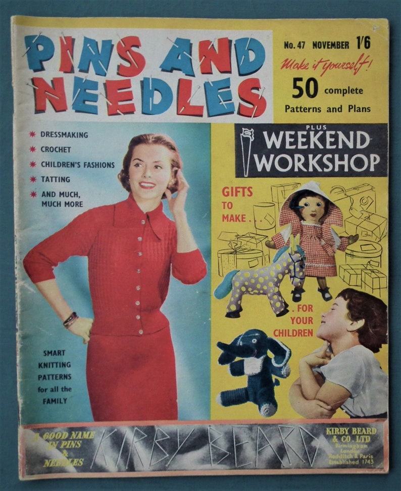 Vintage 1950s craft magazine Pins and Needles / Weekend Workshop No. 47 original knitting crochet patterns woodworking 50s mid-century homes image 1