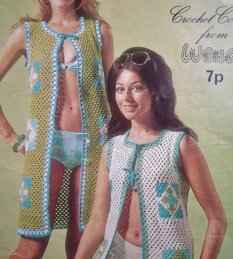 Vintage 1970s Crochet Pattern Women's Beach Coats Gilets Long Waistcoats Granny Squares 70s original pattern Wendy No. 1170 UK image 5