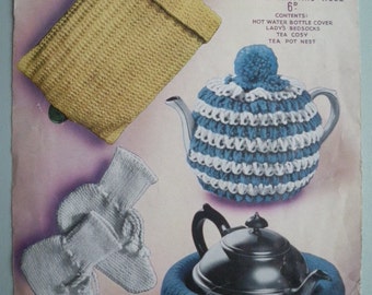 Vintage 1940s 1950s Knitting Pattern Tea Cosy Hot Water Bottle Cover Women's Bedsocks Bed Socks 40s 50s original pattern Sirdar No. 1597 UK