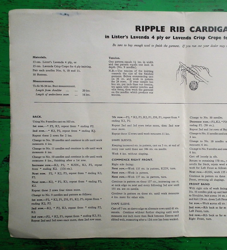 ripple rib cardigan textured stitch Lavenda No Vintage 1950s Knitting Pattern Women/'s Cardigan 50s original colour pattern 452 UK