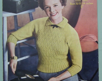 Vintage Knitting Pattern 1940s 1950s Women's Sweater / Jumper with small collar 40s 50s original knitting pattern Sirdar No. 1586 UK