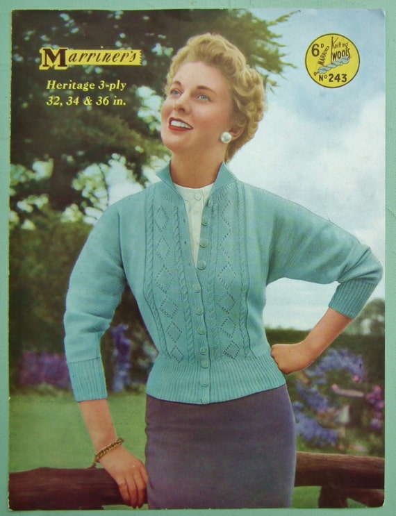 Knitting Pattern Vintage 1940s Ladies Cardigan Flower Design 34/"-36/" Bust.
