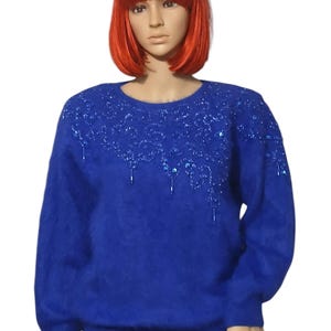 Vintage Venesha Angora Wool Blend Sweater Womens Beaded Blue Fuzzy Pullover Sz L