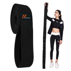 May include: Black exercise band with the word "NOVARISIA" printed on it. The band is rolled up and is next to a person holding a long black band.