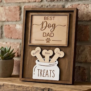 Peut inclure: Panneau en bois encadré de brun foncé. Le panneau affiche les mots "BEST Dog DAD" et une empreinte de patte. En dessous, un pot avec le mot "TREATS" et trois étiquettes en forme d'os avec les noms "Buddy", "Max" et "Lucy".