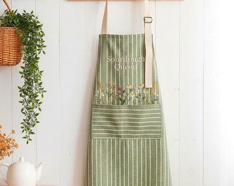 Custom Name Sourdough Queen Embroidered Apron, Cotton Linen Baking Kitchenware