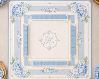Custom Blue Hydrangea Mahjong Mat, Personalized Game Board, Non-Slip Protector