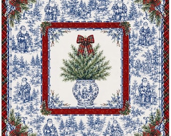 Holiday Mahjong Mat With Santa Toile Print, Classic Plaid Border Mahjong Game Cloth, Festive Christmas Table Decor