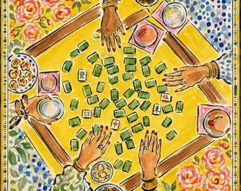 Vibrant Mahjong Game Night Mahjong Mat, Asian Inspired Wall Decor, Unique Mahjong Mat Illustration, Cultural Home Decor Gift