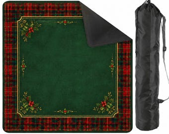 Christmas Mahjong Mat, Tartan Holly Gaming Pad, Non-Slip Table Cover (Carrying Case)