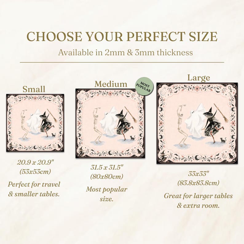 May include: A size guide for square mats featuring a Halloween illustration of a skeleton, ghost, and witch with a broom. Text includes CHOOSE YOUR PERFECT SIZE, 2mm & 3mm thickness, and dimensions for Small 20.9x20.9 inches, Medium 31.5x31.5 inches, and Large 33x33 inches.