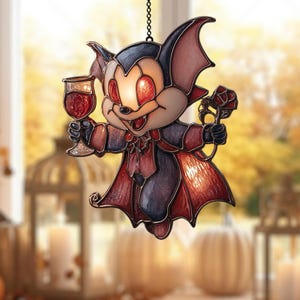 Atrapasol acrílico de murciélago Drácula - Vitral falso para colgar con copa y rosas - Decoración gótica de Halloween