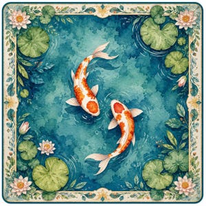 May include: A square decorative print featuring two orange and white koi fish swimming in a deep teal pond. The scene is framed by a border of green lily pads, light pink lotus flowers, and foliage, creating a balanced and symmetrical composition.