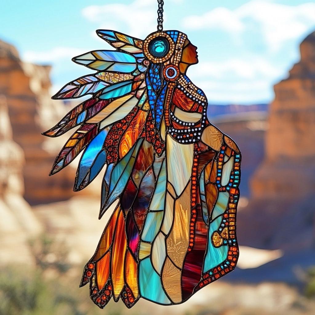 Attrape-soleil Femme Amérindienne - Art De Fenêtre Bohème En Faux