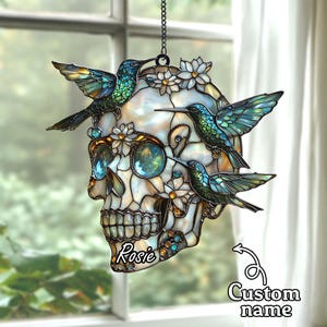 2D Flat Floral Hummingbird Skull Acrylic Suncatcher Faux Stained Glass Window Hanging Gothic Bird Gift For Dia De Los Muertos Decor