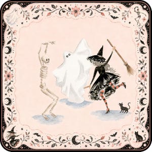 May include: A square decorative print featuring a skeleton, a white ghost, and a witch with a broomstick dancing on a pale pink background. The border is decorated with black floral patterns, moons, stars, bats, and small black cats.