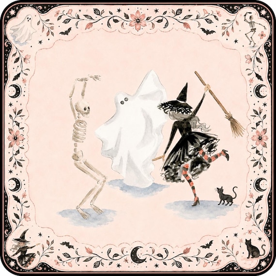 Halloween Mahjong Mat: Dancing Skeleton, Ghost, Witch, Black Cat Game Night Decor