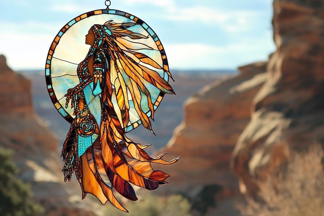 Native Window Display Faux Stained Glass Native American Suncatcher, Boho Tribal Window Decor ...