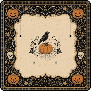 May include: A square fabric textile featuring a central cream-colored panel with a black crow perched on an orange pumpkin. The border is black with orange jack-o'-lanterns, skulls, spiderwebs, bats, and scrolling foliage patterns.