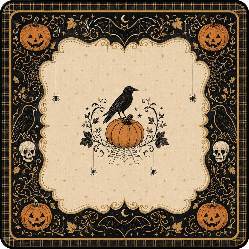 May include: A square fabric textile featuring a central cream-colored panel with a black crow perched on an orange pumpkin. The border is black with orange jack-o'-lanterns, skulls, spiderwebs, bats, and scrolling foliage patterns.