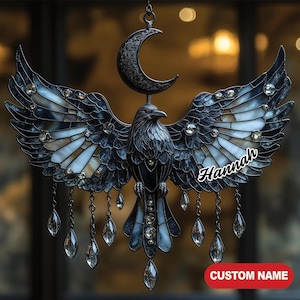 Atrapasueños de cuervo con luna creciente – Vidriera de imitación, decoración gótica de estilo místico