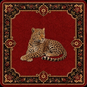 May include: A square decorative mat featuring a central illustration of a leopard lying down. The background is a deep red with a subtle damask pattern, framed by a black border adorned with intricate red and gold floral motifs at the corners.