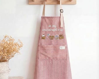 Embroidered Sourdough Era Apron, Striped Cotton Linen Baking Wear, Cottagecore Kitchen Homeware
