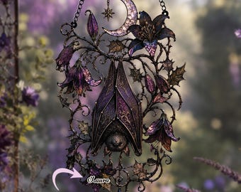 Stained Glass Bat Window Art, Enchanted Floral Moon Suncatcher, Gothic Home Decor, Halloween Unique Gift, Mystical Ornament