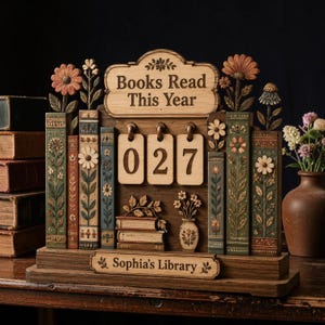 May include: Wooden bookshelf-themed calendar with the text "Books Read This Year" and "Sophia's Library." The calendar displays "027" with decorative flowers and books. The color palette includes brown, green, and orange.