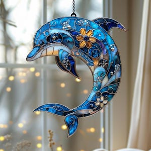 Attrape-soleil en acrylique dauphin, vagues océaniques suspendues à la fenêtre