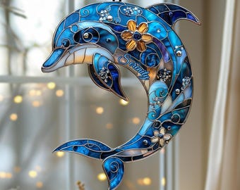 イルカのステンドグラスのサンキャッチャー：海のアート窓飾り - Etsy 日本