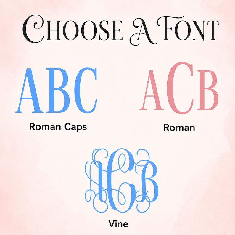 May include: A font selection chart with the text CHOOSE A FONT at the top. It displays three styles: Roman Caps in blue showing ABC, Roman in pink showing ACB, and Vine in blue showing a decorative monogram. Each style is labeled below the letters.