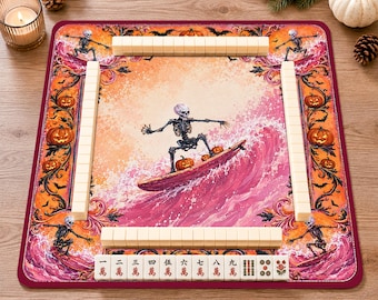 Skeleton Surfer Mahjong Mat, Halloween Themed Gaming Pad, Unique Tabletop Decor, Fun Spooky Season Gift, Game Room Accessory