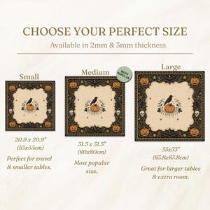 May include: A square table cover featuring a black border with orange pumpkins, skulls, and crows, surrounding a cream center with a crow on a pumpkin. Sizes include 20.9 x 20.9 inches, 31.5 x 31.5 inches, and 33 x 33 inches, with 2mm and 3mm thickness options.