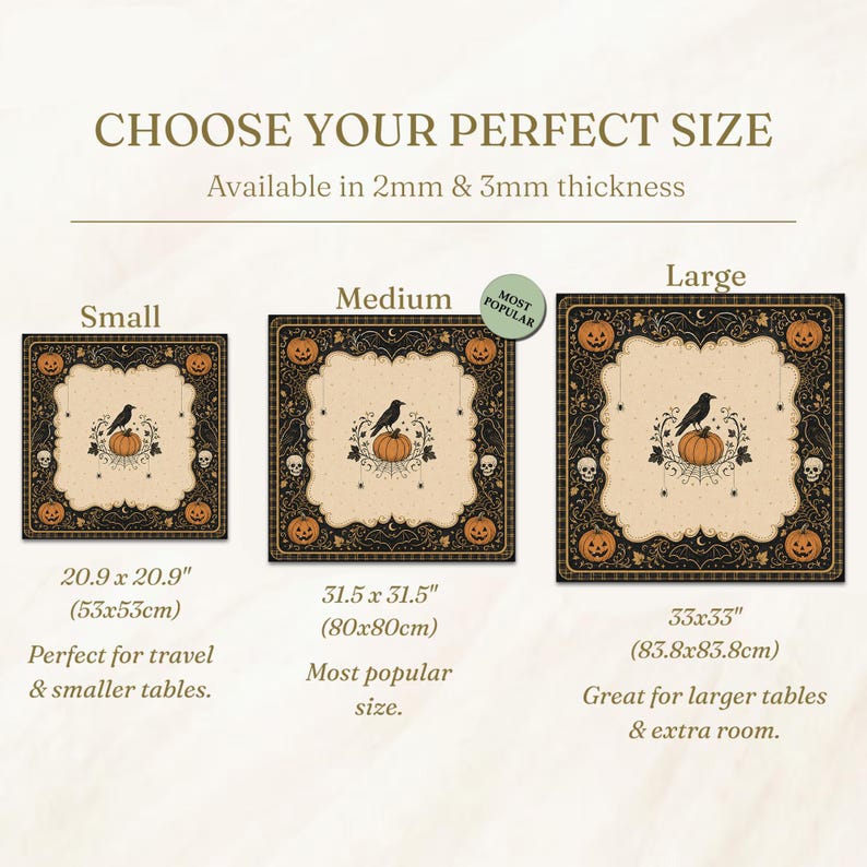 May include: A square table cover featuring a black border with orange pumpkins, skulls, and crows, surrounding a cream center with a crow on a pumpkin. Sizes include 20.9 x 20.9 inches, 31.5 x 31.5 inches, and 33 x 33 inches, with 2mm and 3mm thickness options.