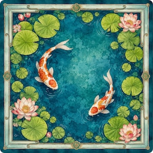 May include: A square decorative print featuring two orange and white koi fish swimming in a deep teal pond. The scene is surrounded by green lily pads and pink lotus flowers, all enclosed within a light-coloured, ornate rectangular border.