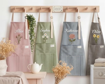 Personalized Striped Cotton-Linen Apron, Floral Embroidery, Adjustable Chef Kitchen Baking Gardening