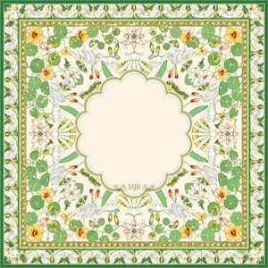 May include: A square scarf featuring a cream-coloured centre with a scalloped border, surrounded by a botanical pattern of white cranes, green lily pads, and yellow flowers. The design includes a green outer frame and the letters MJB in the centre.