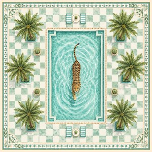 May include: A square scarf featuring a top-down view of a leopard swimming in a rectangular turquoise pool. The pool is surrounded by a light green and white chequered patio, six potted palm trees, four small cacti, and two sets of lounge chairs.