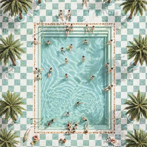 May include: An aerial view of a rectangular swimming pool with light blue water, surrounded by a white and green checkered tile deck. Several palm trees are positioned at the corners, and numerous people are swimming or sitting along the pool edge.