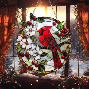 Gedenkkardinal ACRYLIC SUNCATCHER Roter Kardinalvogel FAUX Glasmalerei-Kardinal Lovebirds-Fensterbehänge für den Verlust von Mama / Papa im Himmel