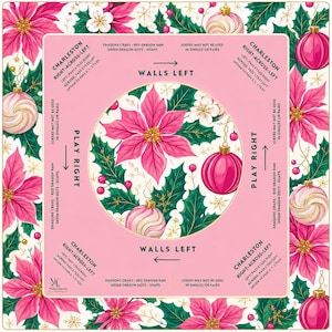May include: A square Mah Jongg mat featuring a pink centre and border decorated with pink poinsettias, green holly leaves, and pink ornaments. The mat includes printed game instructions, directional arrows, and text detailing Charleston rules.