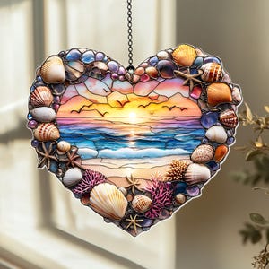 Beach Sunset ACRYLIC Suncatcher – Faux Stained Glass Waves & Sunrise Decor, Summer Vibes Window Hanging Gift for Beach Lovers